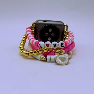 Customizable Pink & White Beaded Apple Watch Band | Heart Charms and Gold Accents | Perfect for Valentine&#39;s Day