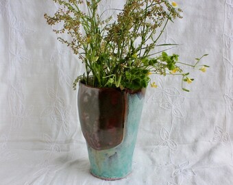 Vase, home decor, handmade, stoneware, hand built, pottery, turquoise, green, brown, 7"h x 4 1/4"w