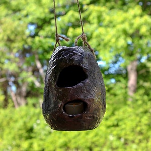 Outdoor decor, bird’s nest, candleholder, pottery, handmade, stoneware, Raku, iridescent blues, golds, greens, reds, 6"h x 4 1/2” w x 2 1/2" bild 5