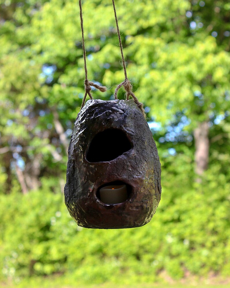 Outdoor decor, bird’s nest, candleholder, pottery, handmade, stoneware, Raku, iridescent blues, golds, greens, reds, 6"h x 4 1/2” w x 2 1/2" bild 5
