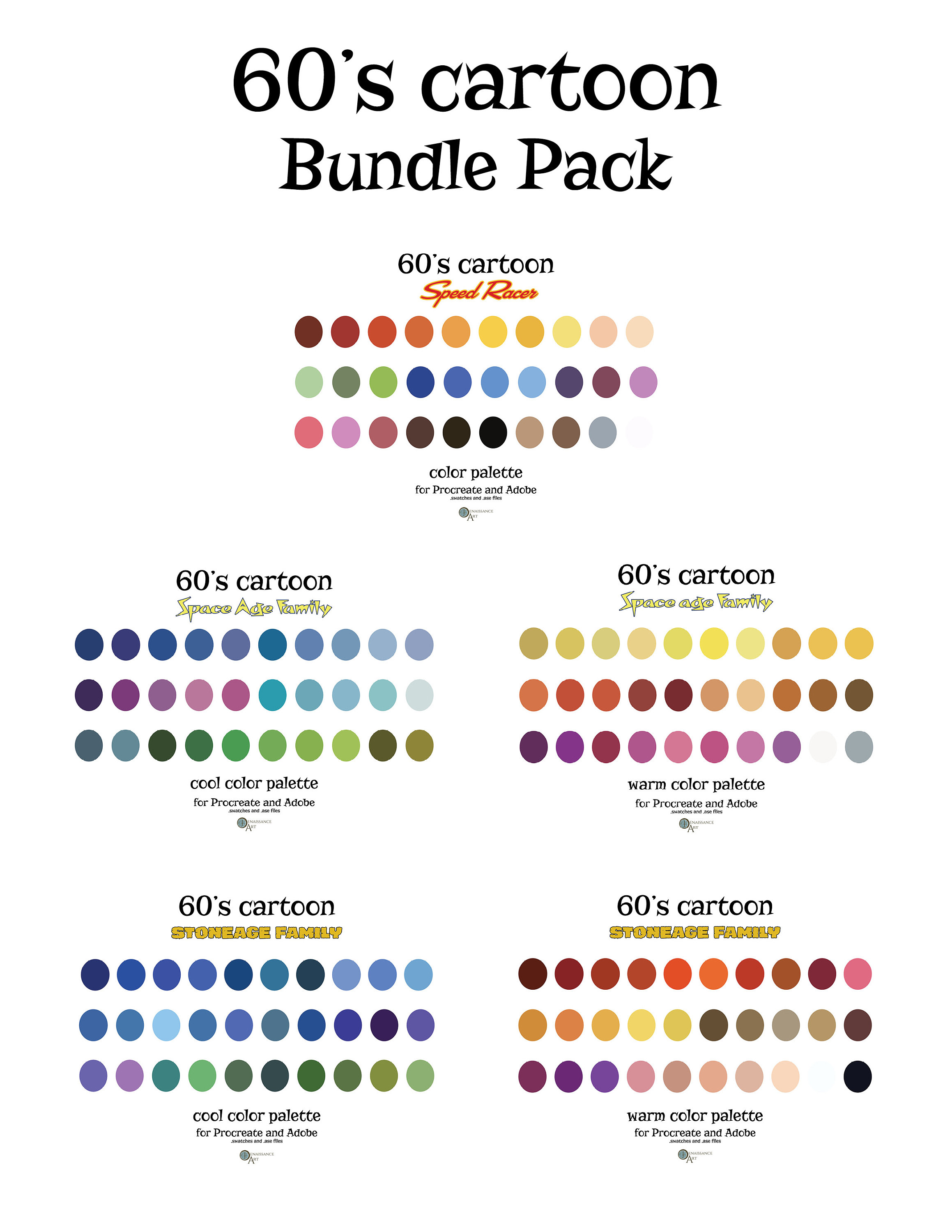 60's Cartoon Bundle Pack 150 COLORS Color Palette for Procreate and