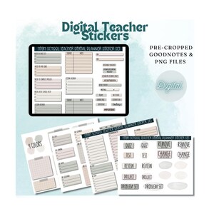 May include: Digital planner stickers for teachers in a neutral color palette. The stickers include labels for "Quiz", "Test", "Review", "Project", "Procrastination Set", "Remove Change", and "Remove Change".