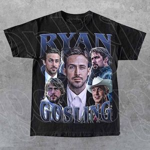May include: Black t-shirt with a vintage-style graphic featuring multiple images of Ryan Gosling in different roles. The text "RYAN GOSLING" is printed in large, bold letters across the front of the shirt.