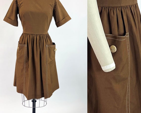 1950s Vintage Chocolate Brown Day Dress Large Fro… - image 4