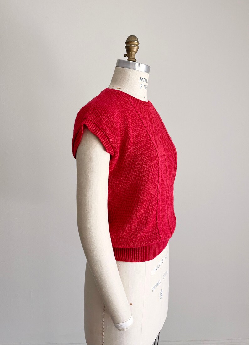 1970s-1980s Vintage Red Cable Knit Top, Lightweight Sweater Shirt, Dolman Cap Sleeve, Knitted Top, Vintage Summer Sweater, Small, S image 3