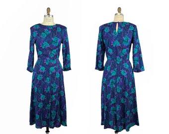 Vintage 1980s-1990s Teal and Purple Floral Paisley Secretary Rayon Turquoise Midi Dress Botanical Garden Floral Size 5 Small Medium