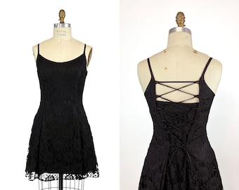 90s Black Lace Corset Back Mini Dress Vintage Spaghetti Strap Lace Fit and Flare Party Cocktail Backless Goth Grunge Sz 5 Small-Medium S M
