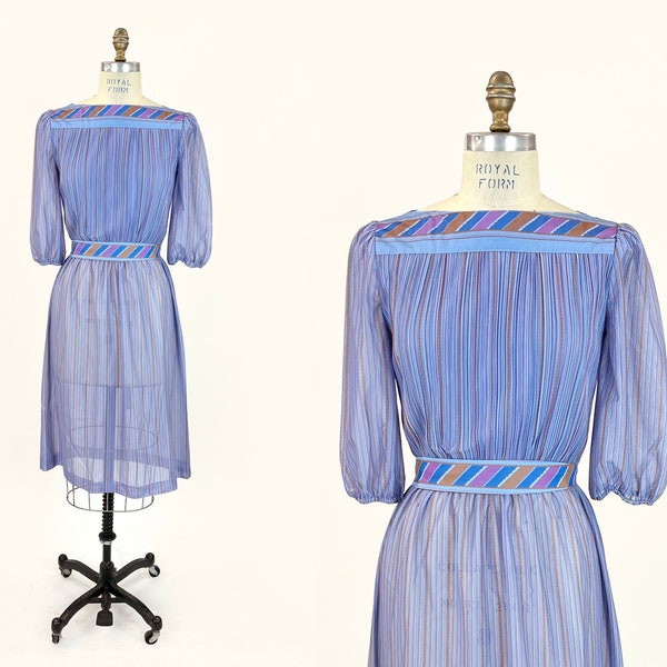 Vintage 80s Dusty Blue and Purple Half Sleeve Plissé Bodice Sheer Day Simple Secretary Boho Summer Bateau Dress Small, S