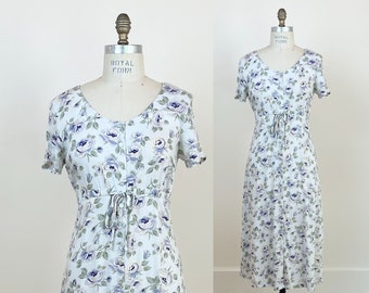 Robe maxi florale violette boutonnée à manches courtes lavande robe à encolure dégagée taille ajustée jupe ligne mi-longue robe en rayonne taille 10 moyen