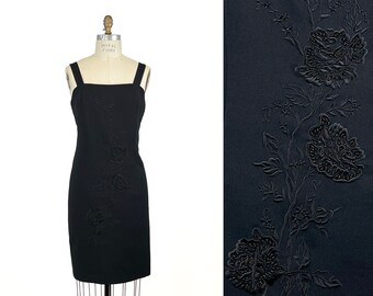 1990s Black Knee Length Casual Evening Dress Pencil Shift Dress with Floral Embroidery Little Black Sleeveless Dress Grunge Size 12 Large L