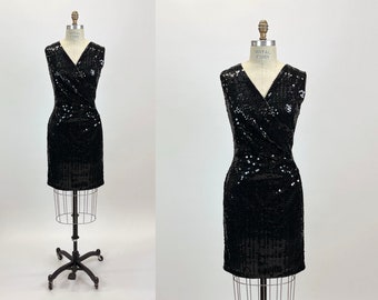 1990s-Y2K Vintage Black Allover Sequin Dress Sleeveless, Surplice Neck, Ruched Side Nite Line, Wiggle Dress, Sparkly Dress, Size Medium, M