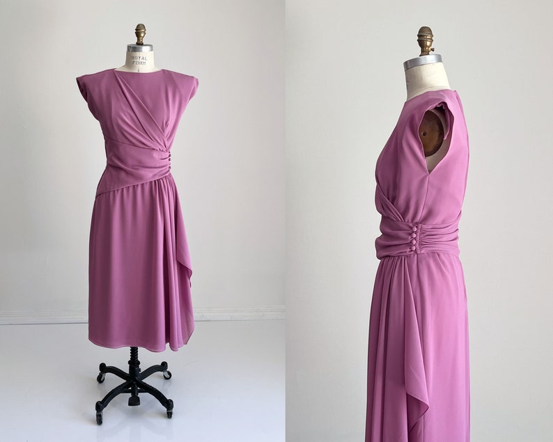 1970s Miss Elliette Lilac Wrap Style Dress, Asymmetrical Dress, Lilac Chiffon Dress, Evening Dress, Bridesmaid Dress, Size Small, S, 2-4 image 1