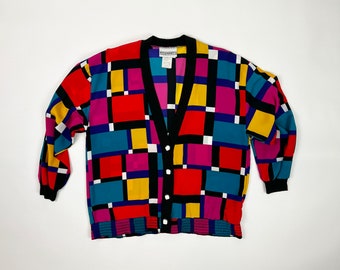 90s Cardigan, Colorful Button Up V Neck Silky Lightweight Jacket Blouse Pink Blue Purple Yellow Red Black Long Sleeve Size Medium