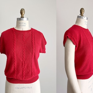 1970s-1980s Vintage Red Cable Knit Top, Lightweight Sweater Shirt, Dolman Cap Sleeve, Knitted Top, Vintage Summer Sweater, Small, S image 1