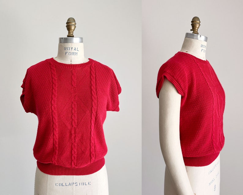 1970s-1980s Vintage Red Cable Knit Top, Lightweight Sweater Shirt, Dolman Cap Sleeve, Knitted Top, Vintage Summer Sweater, Small, S image 1