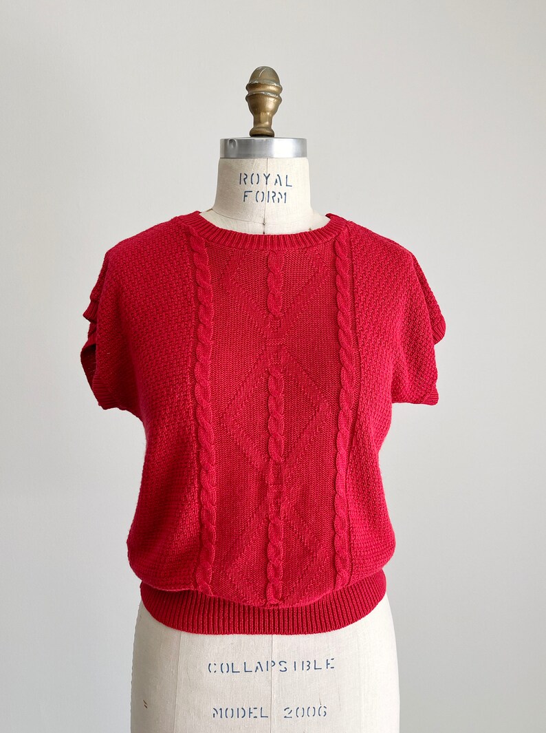 1970s-1980s Vintage Red Cable Knit Top, Lightweight Sweater Shirt, Dolman Cap Sleeve, Knitted Top, Vintage Summer Sweater, Small, S image 2