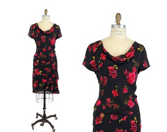 Vintage 90s Donna Ricco Black and Red Romantic Floral Cowl Neck Short Sleeve Bias Cut Dress with Tiered Skirt Chiffon Midi Slip Dress Size 8