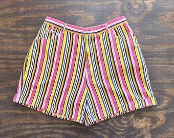 Vintage 1990s Plus Size Gitano Shorts, 90s Bright Multicolor Striped High Rise Shorts, Cuff Shorts, Size 38/24W, Beach Shorts, Mom Shorts