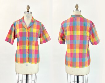 80s-90s Bright Multicolor Plaid Short Sleeve Rolled Collar Single Pocket Shirt Button Down Blouse Pink Yellow Orange Green Blue Size 10 M