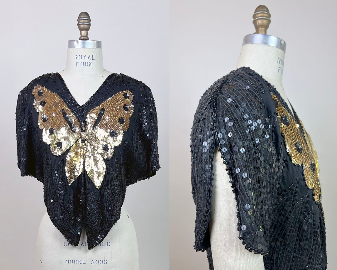 1970s Black and Gold Beaded Butterfly Top 70s Beaded Caftan Etsy
