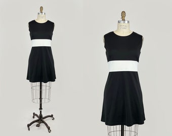 90s-Yk2 60s style Black and White Color Block Tank Dress Sleeveless Mini Dress Scooter Dress Mod Grunge Shift Dress Size Medium M