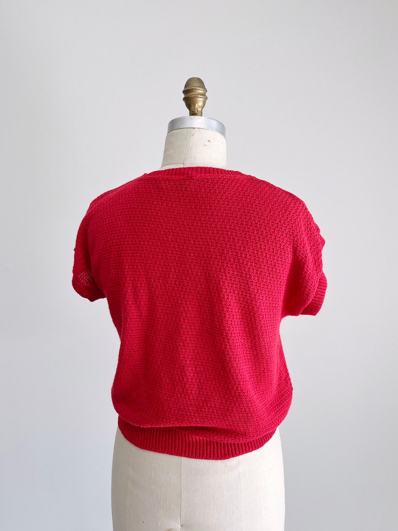 1970s-1980s Vintage Red Cable Knit Top, Lightweight Sweater Shirt, Dolman Cap Sleeve, Knitted Top, Vintage Summer Sweater, Small, S image 4