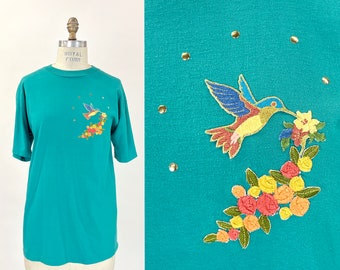 Floral Hummingbird Teal Green Shirt Vintage 90s Gold Embroidered T-shirt Blouse Shirt Flower Print Bird Lover Wildlife Nature Size Large L
