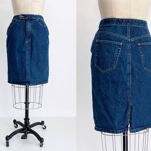 Vintage 90s-Y2K Liz Claiborne Lizwear Petite Medium Wash Denim Jean Skirt, Pencil Skirt, Five Pocket Skirt, Petite 6, 27 Waist, Size Small