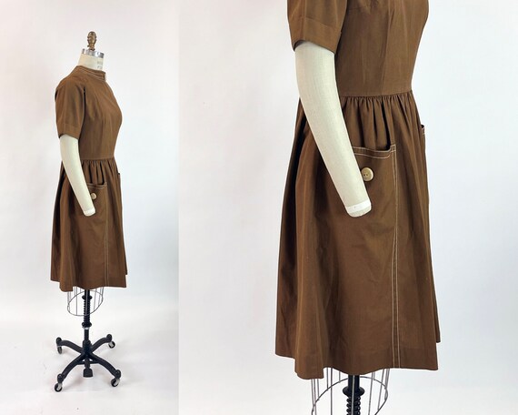 3XL 1950s Brown Day Dress Zip Front Short Sleeve Casual Volup