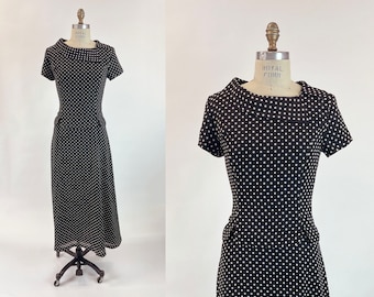 90s Polka Dot Maxi Dress A Line Skirt Short Sleeve Silky Secretary Dress Summer Black and White Vintage 1990s Size 8 Medium M