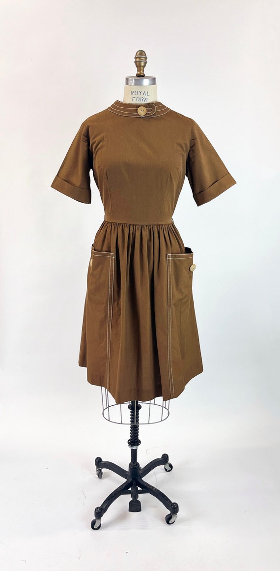 1950s Vintage Chocolate Brown Day Dress Large Fro… - image 5