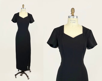 90s Black Sweetheart Short Sleeve Lined Maxi Length Slit Skirt Shift Dress Simple Party Dress LBD Classic Minimalist Grunge Size 8 Medium M