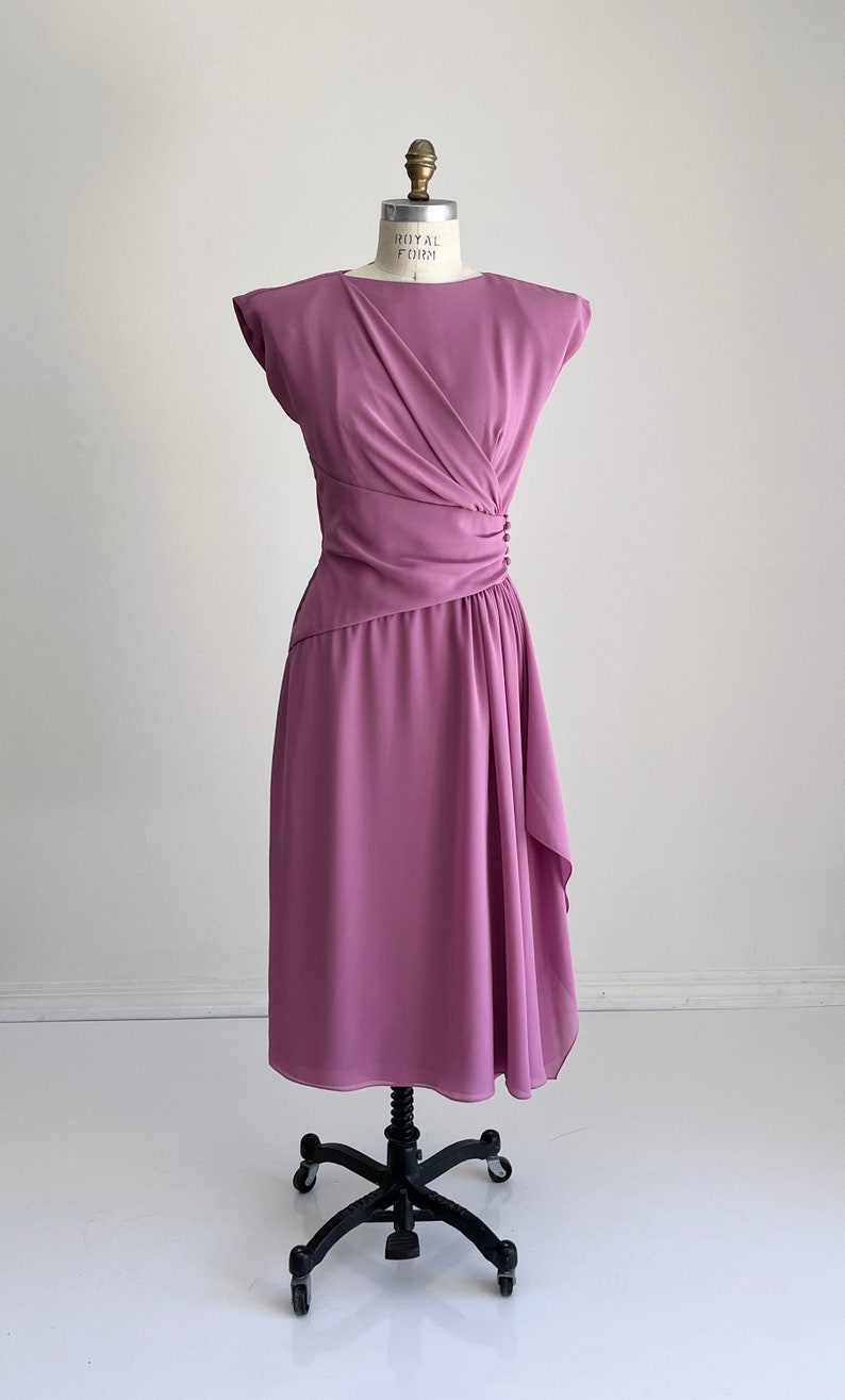 1970s Miss Elliette Lilac Wrap Style Dress, Asymmetrical Dress, Lilac Chiffon Dress, Evening Dress, Bridesmaid Dress, Size Small, S, 2-4 image 2