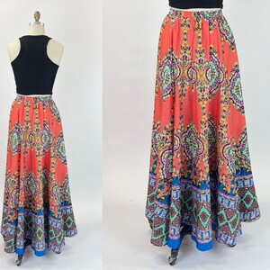 Y2k Orange Paisley Floral Maxi Half Circle Skirt Dress Silky Multi Color Blue Purple Border Print Boho Hippie Size Small-Medium S M image 4