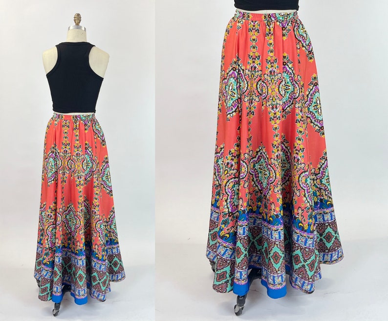 Y2k Orange Paisley Floral Maxi Half Circle Skirt Dress Silky Multi Color Blue Purple Border Print Boho Hippie Size Small-Medium S M image 4