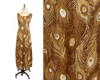 Vintage 60s-70s Novelty Print Brown and Tan Peacock Feather Sleeveless Tank Maxi Dress with Scoop Neck Semi Sheer Tricot Small S