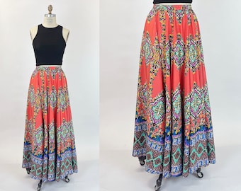 Y2k Orange Paisley Floral Maxi Half Circle Skirt Dress Silky Multi Color Blue Purple Border Print Boho Hippie Size Small-Medium S M