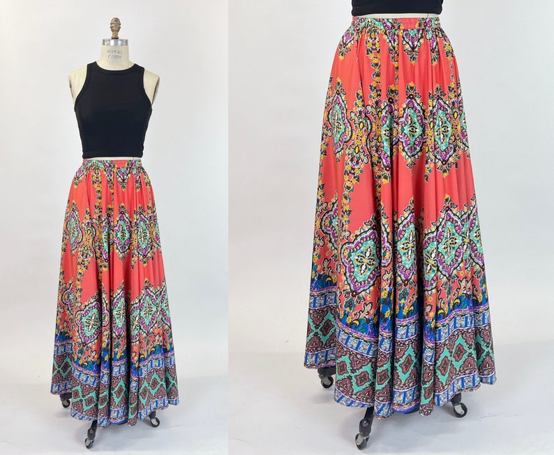 Y2k Orange Paisley Floral Maxi Half Circle Skirt Dress Silky Multi Color Blue Purple Border Print Boho Hippie Size Small-Medium S M image 1