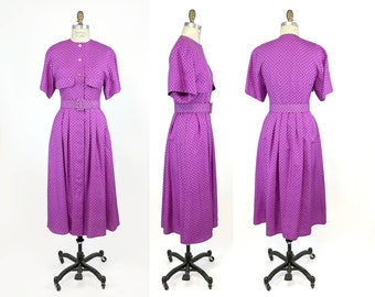 Vintage 80s Albert Nipon Purple Magenta Blue Polka Dot Silk Slub Dupioni Midi Dress Short Sleeves Pockets Shirt Dress Size 4 Small