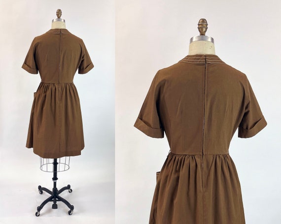 1950s Vintage Chocolate Brown Day Dress Large Fro… - image 3