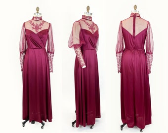 Vintage 1970s Victorian Goth Burgundy Wine Maroon Floral Embroidery Mesh Illusion Neckline Maxi Prom Dress Sweetheart Small-Medium 11/12