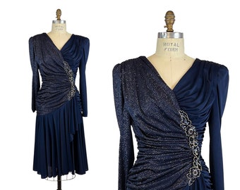 80s-90s Vintage Navy Blue Surplice V Neck Ruched Long Sleeve Evening Dress w Glitter Dots Sequined and Beaded Floral Appliqué Size 10 Medium