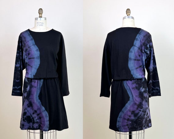 Vintage 80s 90s Black, Blue, and Purple Tie Dye S… - image 1