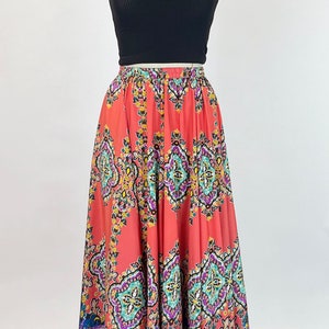 Y2k Orange Paisley Floral Maxi Half Circle Skirt Dress Silky Multi Color Blue Purple Border Print Boho Hippie Size Small-Medium S M image 2