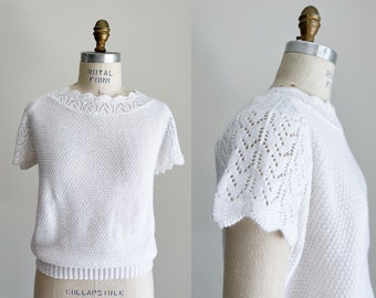 1970s-1980s Vintage Ivory Knit Top, Lightweight Sweater Shirt, Cream Short Sleeve Top, Knitted Top, Vintage Summer Sweater, Medium, M