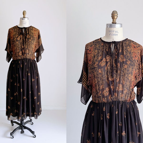 1990s Vintage Black and Brown Paisley Handkerchief Dress, Floral Kimono Sleeve, Chiffon, Boho, Bohemian, Hippie, Midi Dress, Small-Medium