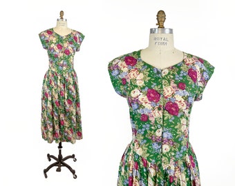 NWT Vintage 90s Green and Pink Floral Dress Button Down Basque Drop Waist Summer Day Dress Pockets Boho Spring Flowers Size Medium M