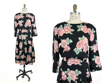 Vintage 1980s Black Pink and Green Rose Floral Raglan Sleeve Waist Yoke Spring Midi Dress Betsy's Things Cottagecore Size 5/6 Small-Medium