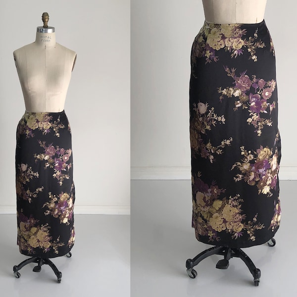 1990s Vintage Black, Purple, and Gold Floral Satin Maxi Skirt, Jacquard, Brocade, Long Skirt, Boho, Goth, Grunge, Romantic Size 9/10, Small