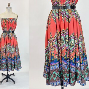 Y2k Orange Paisley Floral Maxi Half Circle Skirt Dress Silky Multi Color Blue Purple Border Print Boho Hippie Size Small-Medium S M image 5